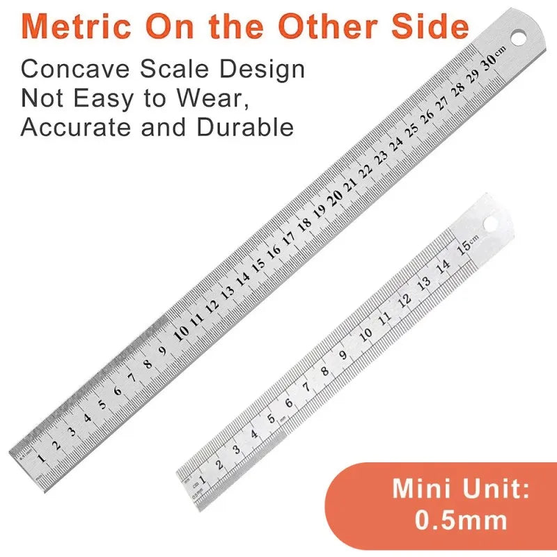 Double-Sided Stainless Steel Metric Ruler with Inch Scale, Durable Measuring Tool for Office and DIY Projects,HH-AA85