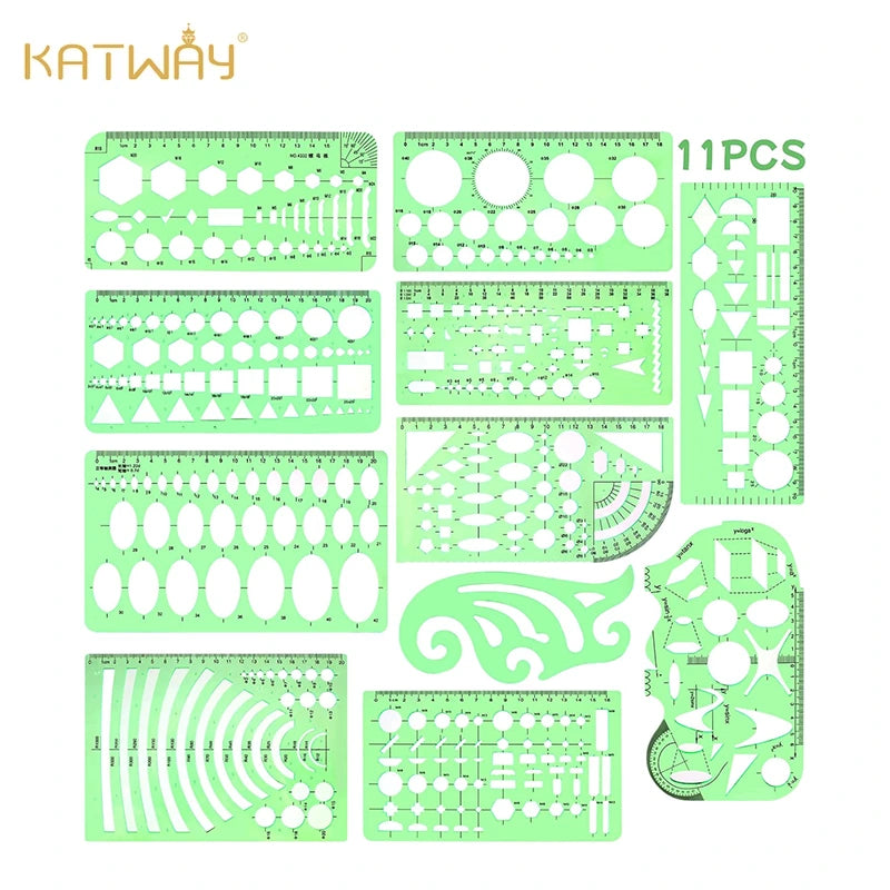 11-Piece Multi-purpose Curve Nut Drawing Template Set Ruler, HH-DS06