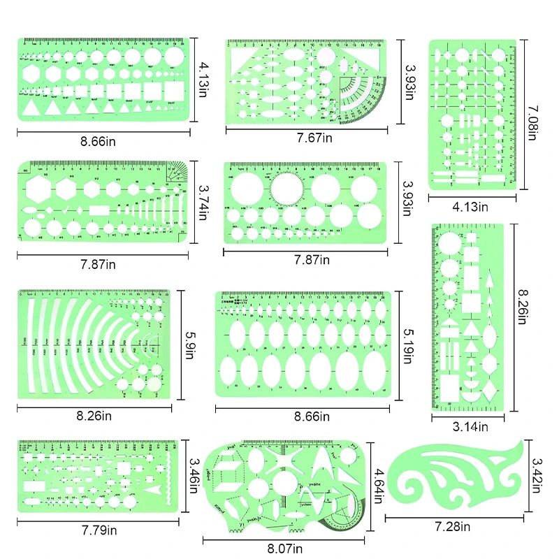 11-Piece Multi-purpose Curve Nut Drawing Template Set Ruler, HH-DS06