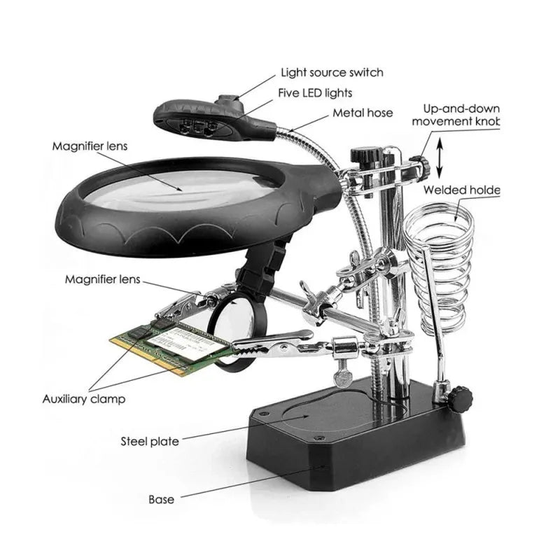 3-in-1 LED Magnifying Glass with Auxiliary Clip and Soldering Iron Stand for Welding and Repairs,HH-AA82