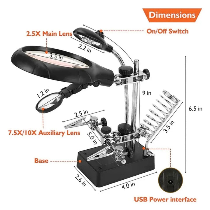 3-in-1 LED Magnifying Glass with Auxiliary Clip and Soldering Iron Stand for Welding and Repairs,HH-AA82