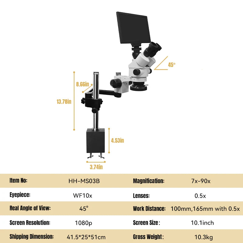 Katway HH-MS03B Trinocular Stereo Zoom Microscope,Clamping Articulating Arm Stand LED Light Includes LCD Digital