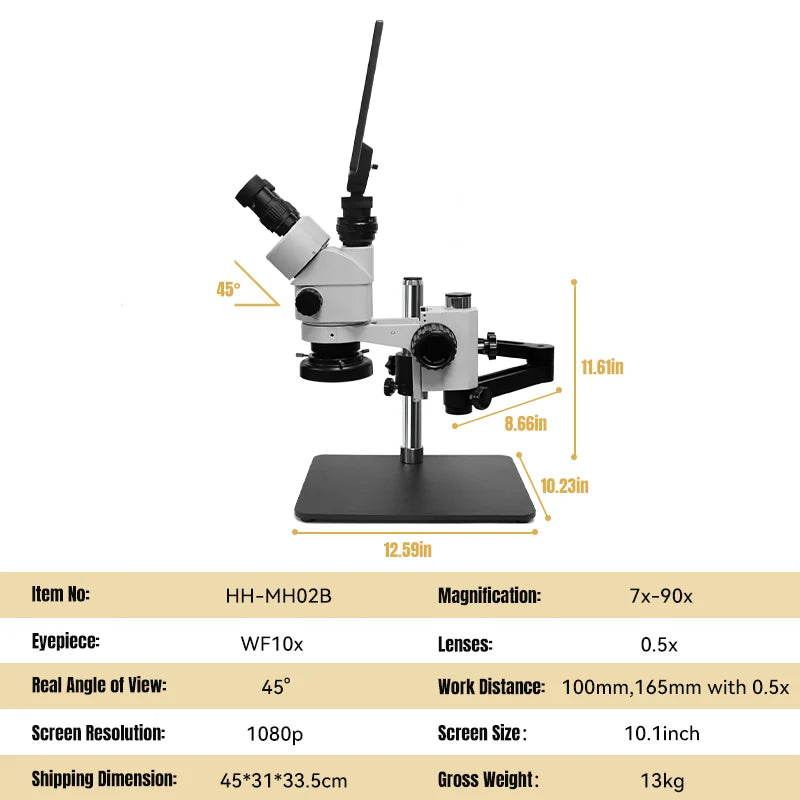 Katway HH-MH02B Trinocular Stereo Microscope, Articulating Arm Stand with Base Plate,7X-90X Magnification, with LCD Digital