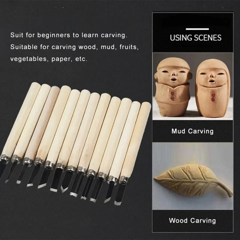 12-Piece Wood Carving Chisel and Knife Set for DIY Projects, Precision Wood Cutting, and Detailed Hand Gouging，HH-AA81