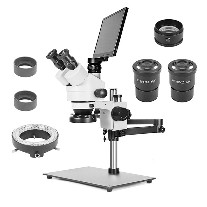Katway HH-MH02B Trinocular Stereo Microscope, Articulating Arm Stand with Base Plate,7X-90X Magnification, with LCD Digital