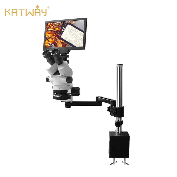 Katway HH-MS03B Trinocular Stereo Zoom Microscope,Clamping Articulating Arm Stand LED Light Includes LCD Digital