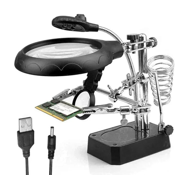 3-in-1 LED Magnifying Glass with Auxiliary Clip and Soldering Iron Stand for Welding and Repairs,HH-AA82