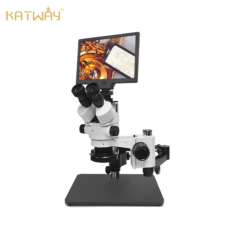 Katway HH-MH02B Trinocular Stereo Microscope, Articulating Arm Stand with Base Plate,7X-90X Magnification, with LCD Digital