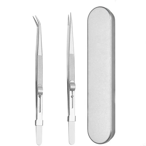Set of 2 Precision Stainless Steel Straight and Angled Tweezers, HH-TW15