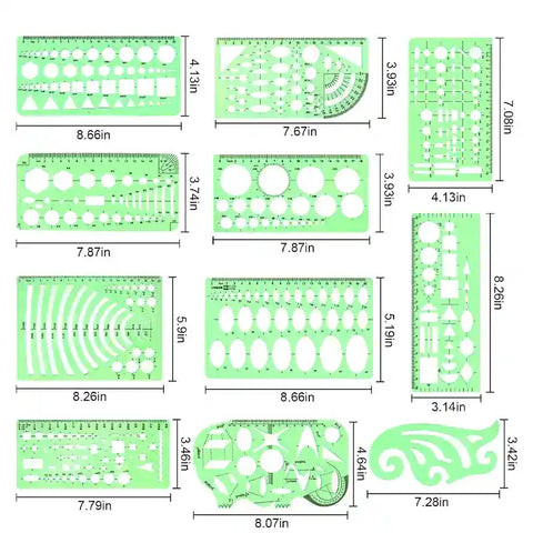 11-Piece Multi-purpose Curve Nut Drawing Template Set Ruler, HH-DS06