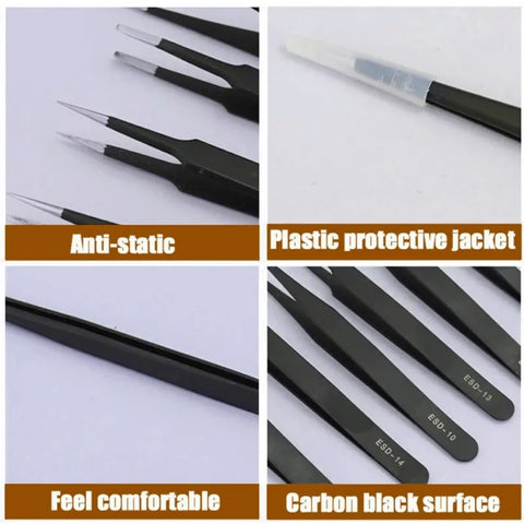 Anti-Static Stainless Steel Tweezers Set with Straight and Curved Tips, HH-TW12