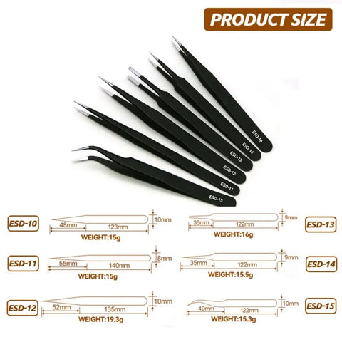 Anti-Static Stainless Steel Tweezers Set with Straight and Curved Tips, HH-TW12